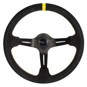 Vigor Volant Daytona Avec ligne centrale jaune Noir - Noir 350mm 70mm Peau Retournée Yellow Waffle Stitch